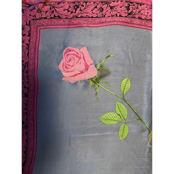 VTG 1950s "A Rose" Silk Charmeuse Scarf 30" Square Gorgeous Pink & Gray - Picture 3 of 5